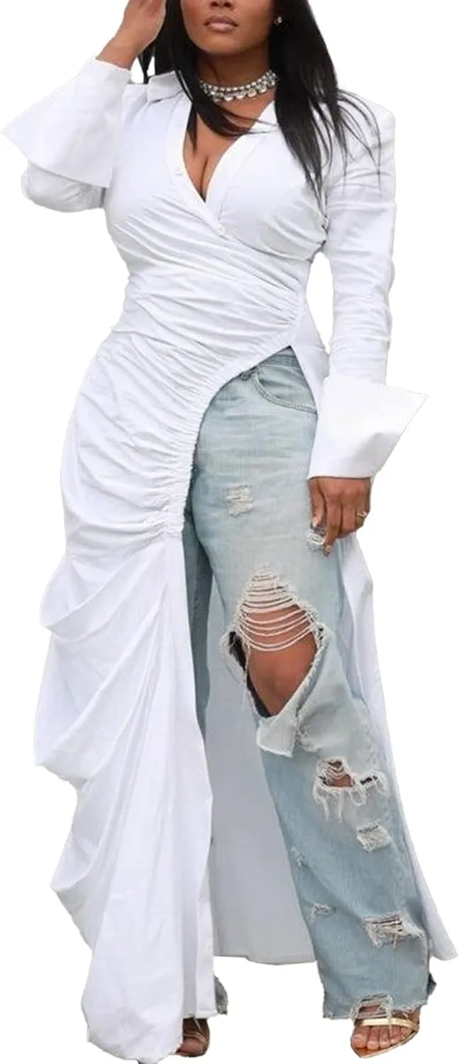Seltaon Sexy Shirt Dresses for Women High Low Asymmetrical Tops Long Sleeve T Shirt Dress