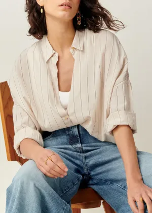 Sessun Botan Cream Vertical Stripe Button Down Collared Shirt Sand black