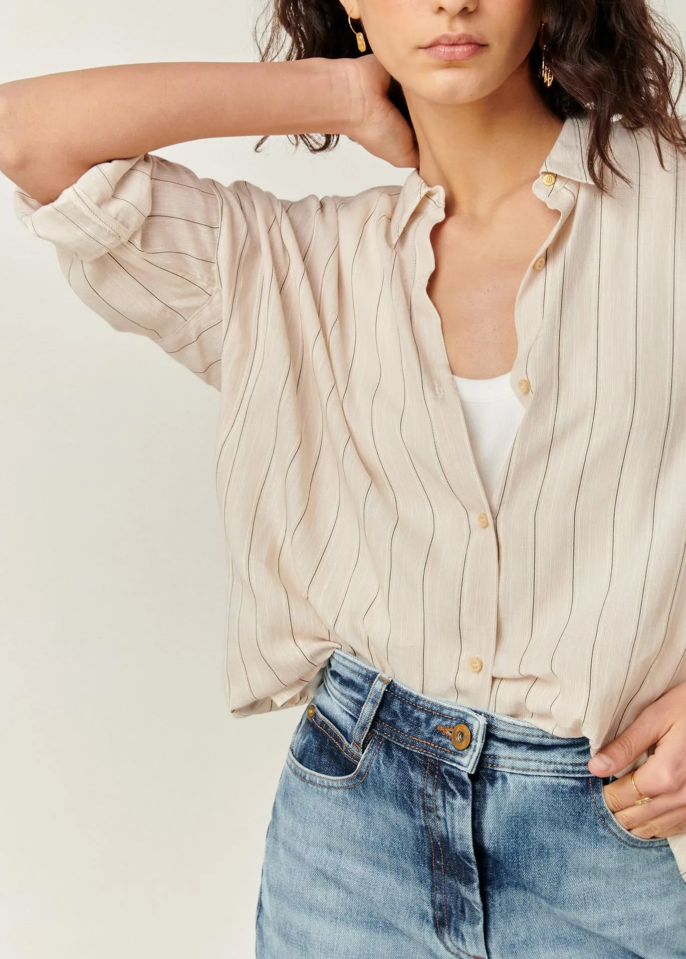 Sessun Botan Cream Vertical Stripe Button Down Collared Shirt Sand black