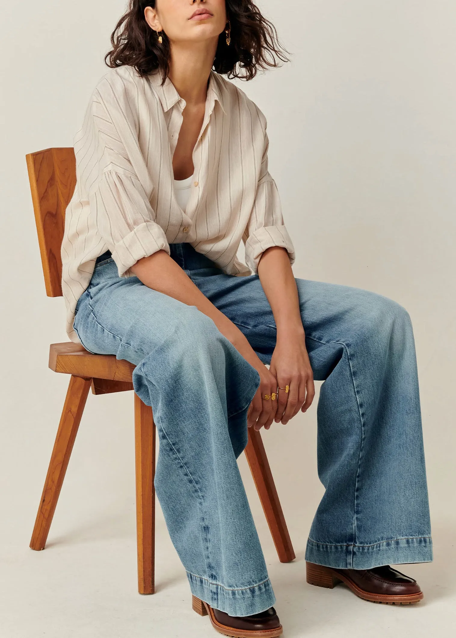Sessun Botan Cream Vertical Stripe Button Down Collared Shirt Sand black