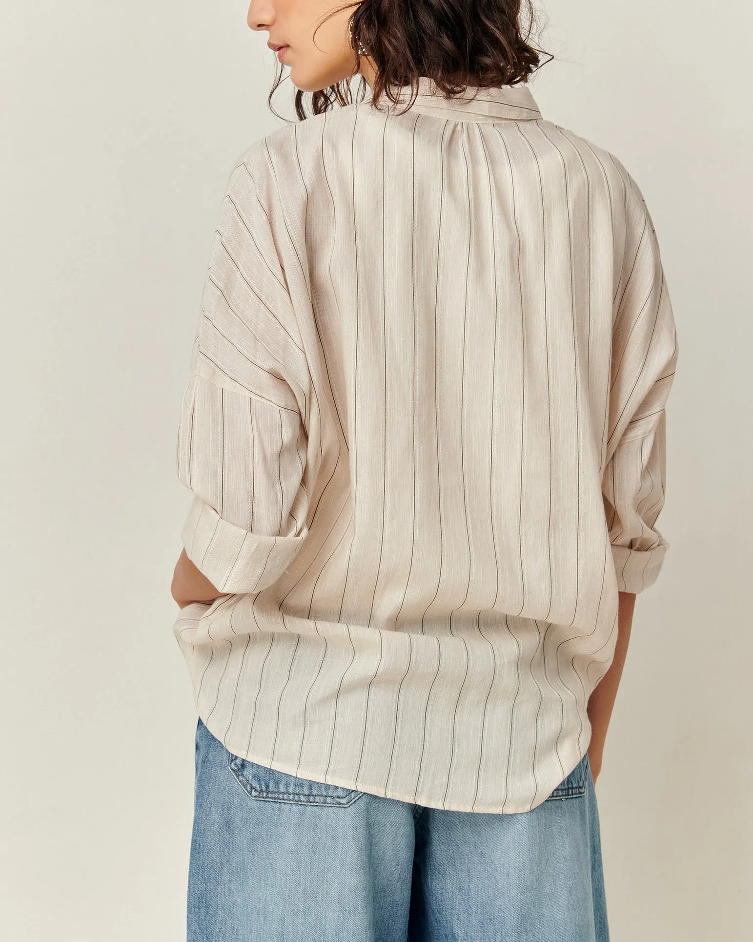 Sessun Botan Cream Vertical Stripe Button Down Collared Shirt Sand black