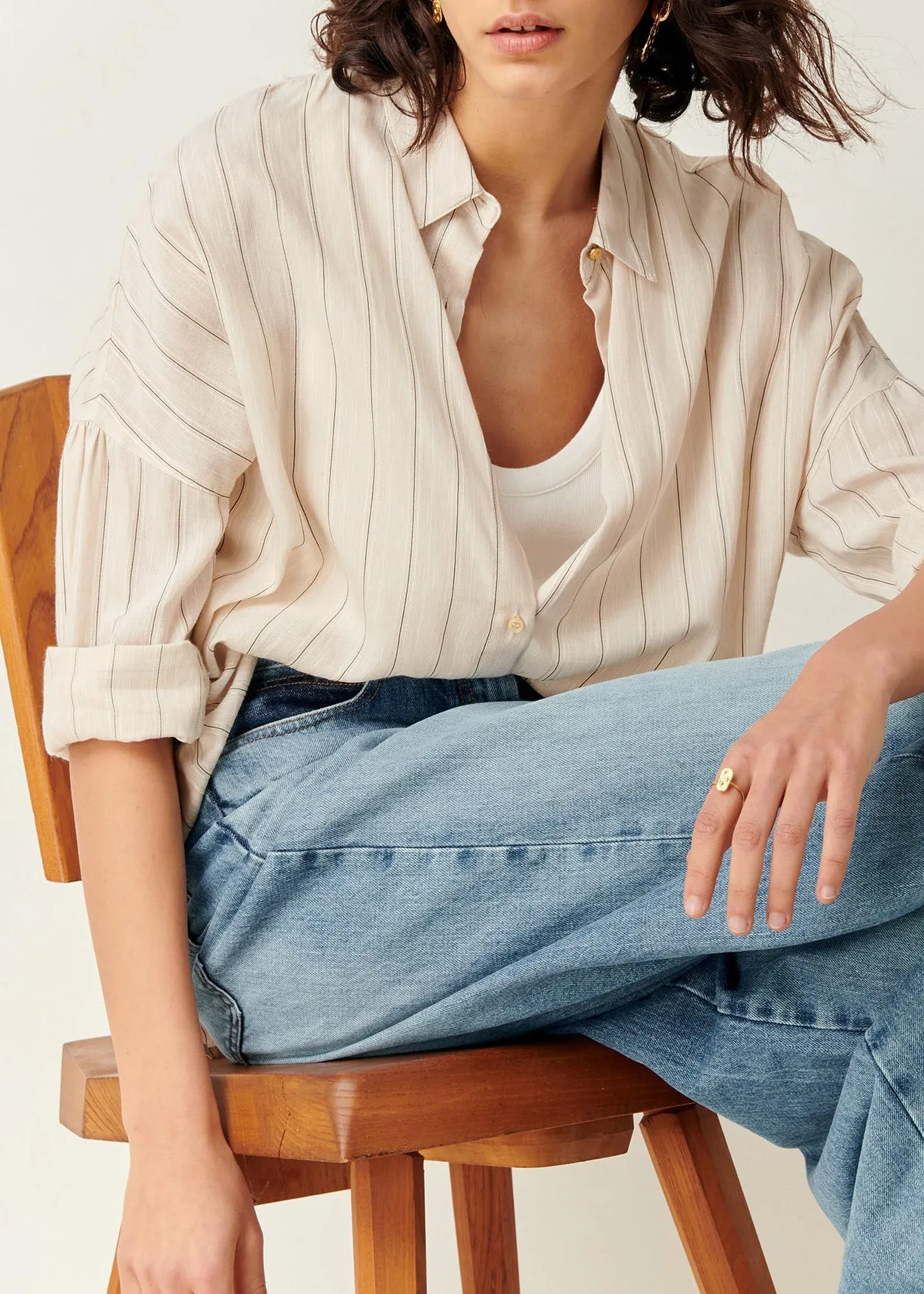 Sessun Botan Cream Vertical Stripe Button Down Collared Shirt Sand black