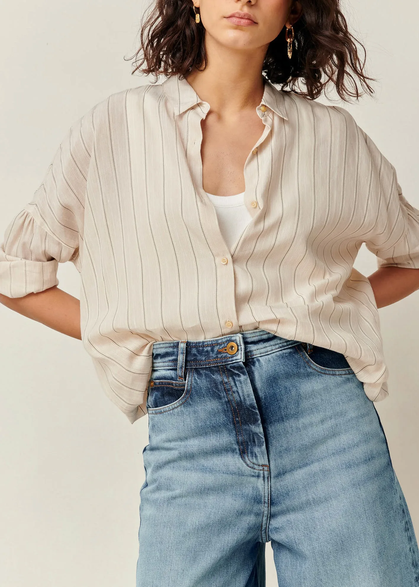 Sessun Botan Cream Vertical Stripe Button Down Collared Shirt Sand black