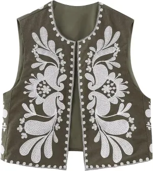 Seyumixi Women Vintage Embroidered Floral Vest Y2k Sleeveless Open Front Floral Cardigan Vests Gilet Linen Streetwear