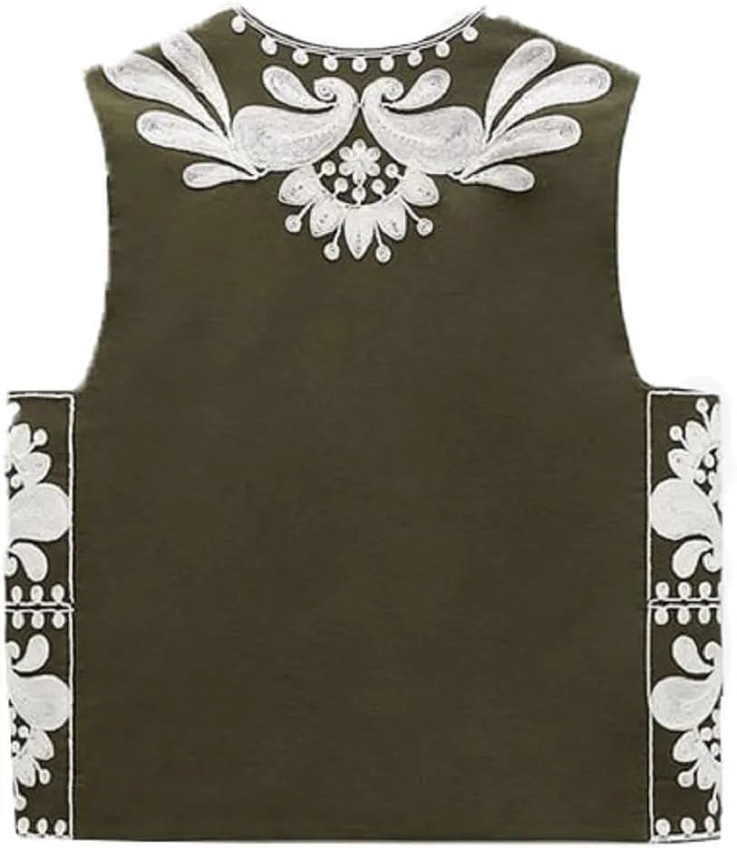 Seyumixi Women Vintage Embroidered Floral Vest Y2k Sleeveless Open Front Floral Cardigan Vests Gilet Linen Streetwear