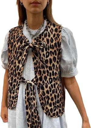 Seyurigaoka Women Leopard Quilted Vest Sleeveless Tie Front Shirts Floral Embroidered Vest Cardigan Trendy Streetwear