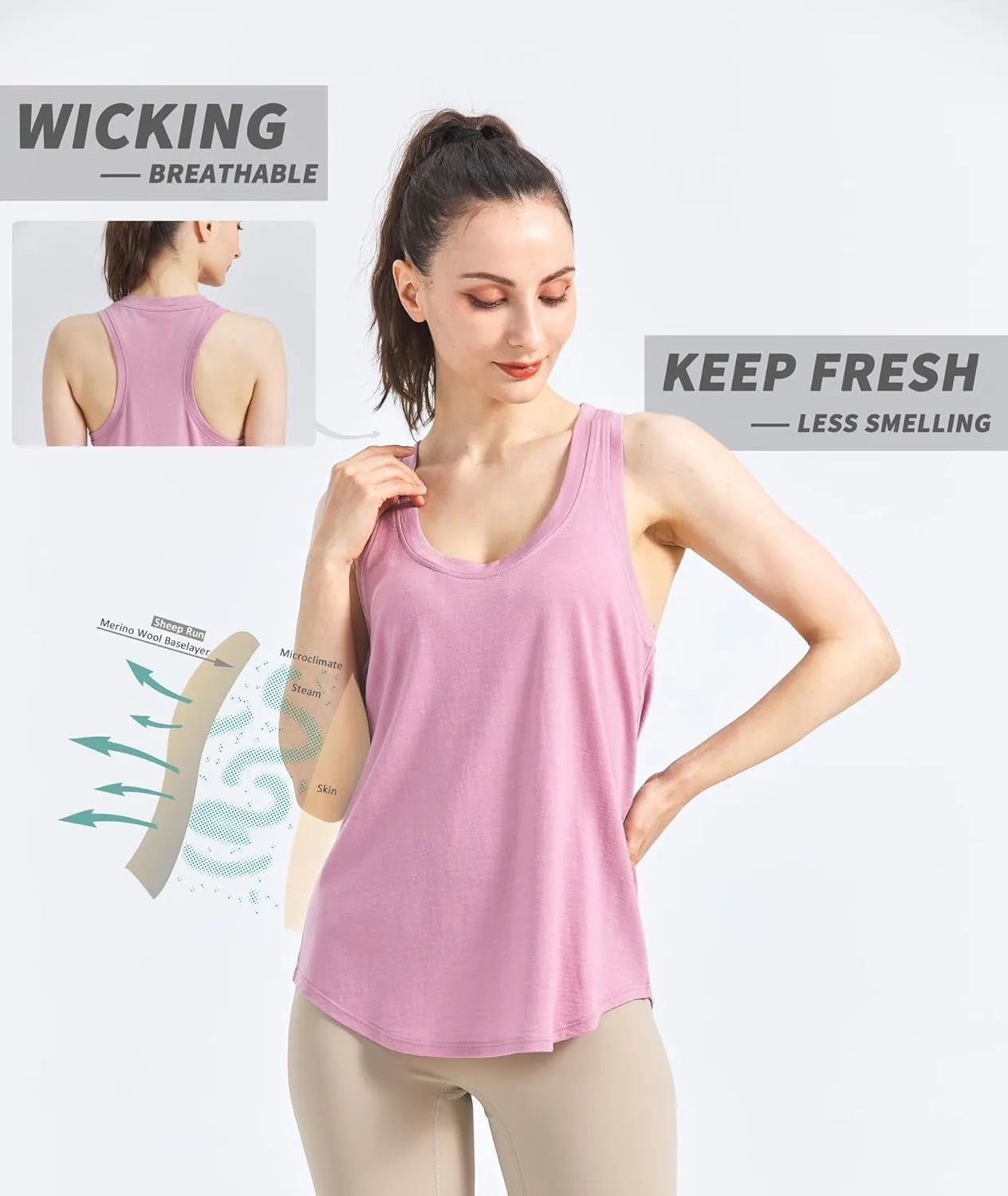 SHEEP RUN Merino Wool Camisole Racerback Tank Top Yoga Shirt Wicking Breathable Light-Weight Shirt