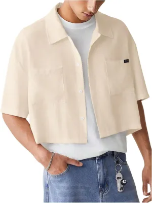 SHENHE Men's Summer Short Sleeve Button Down Crop Shirt Loose Fit Casual Shirt with Pockets
