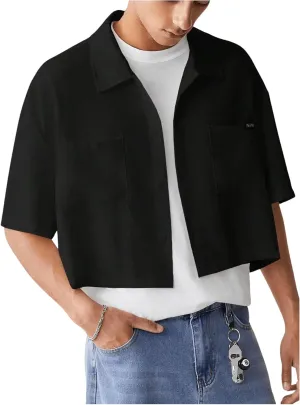 SHENHE Men's Summer Short Sleeve Button Down Crop Shirt Loose Fit Casual Shirt with Pockets