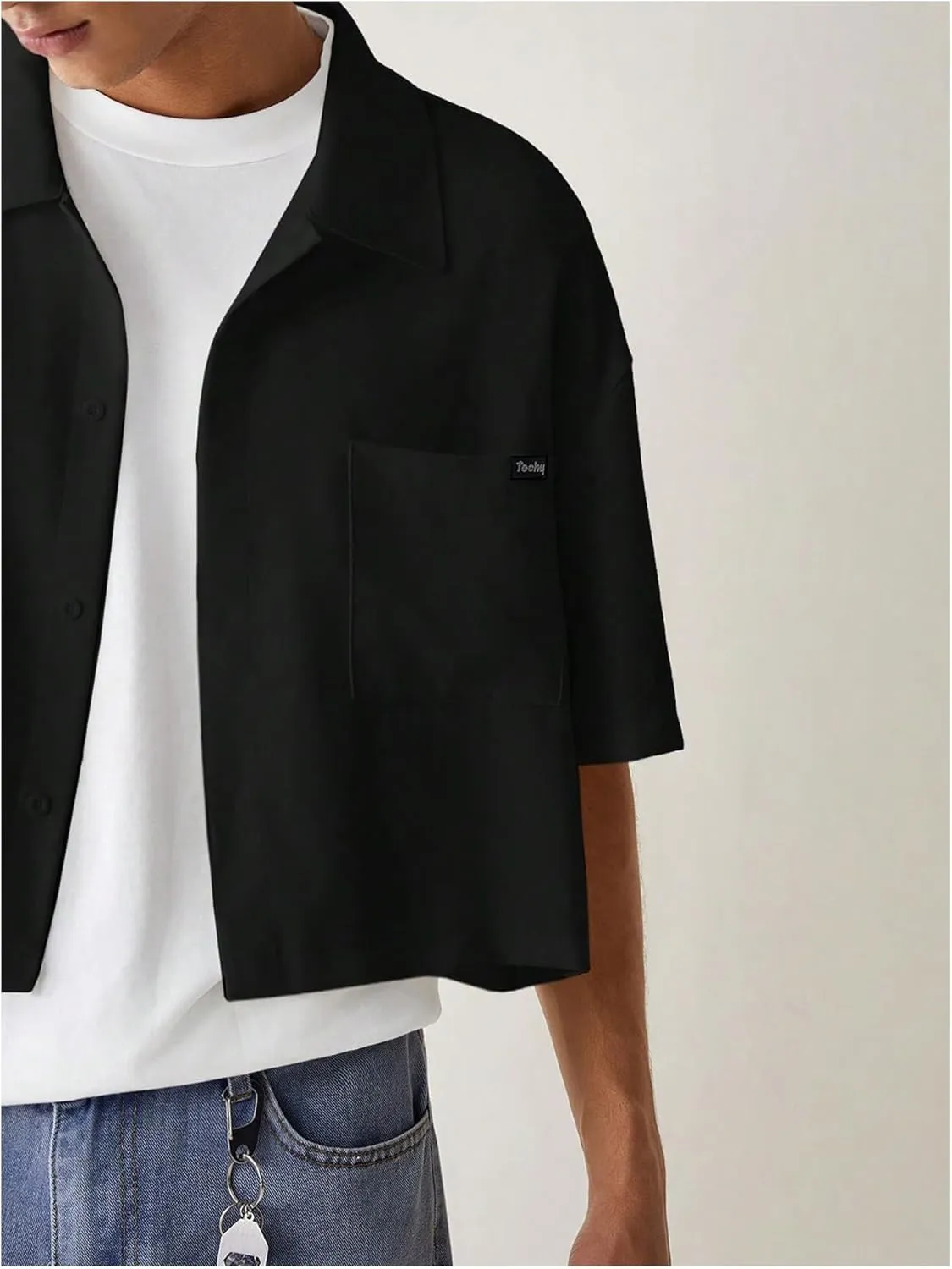 SHENHE Men's Summer Short Sleeve Button Down Crop Shirt Loose Fit Casual Shirt with Pockets