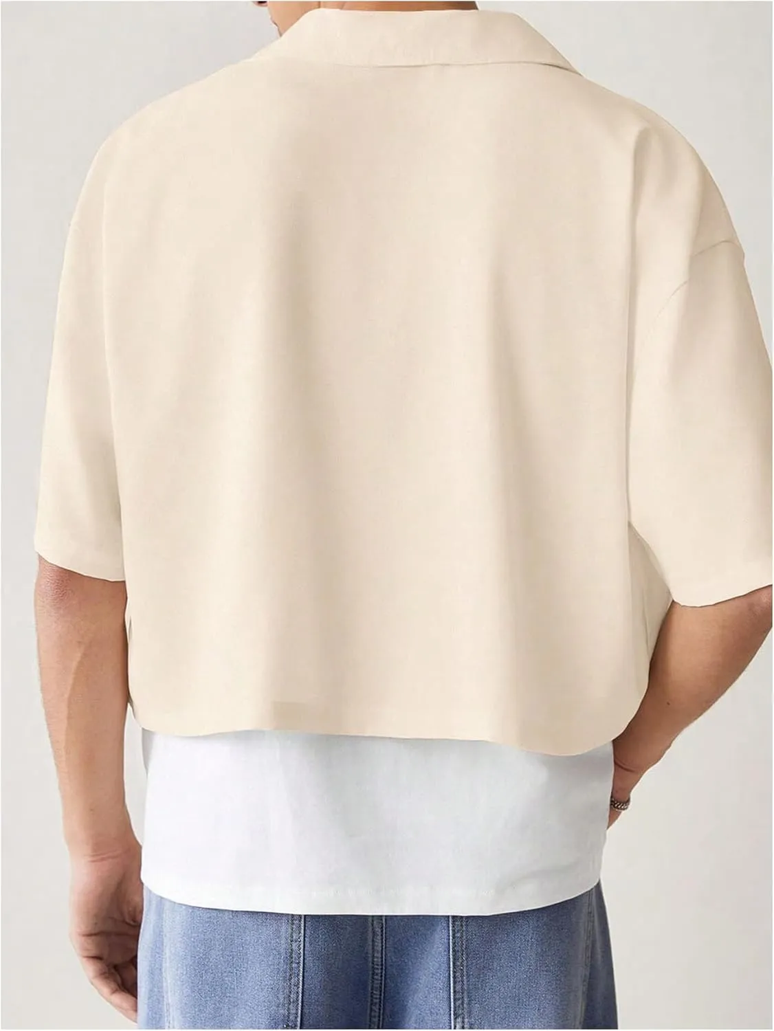 SHENHE Men's Summer Short Sleeve Button Down Crop Shirt Loose Fit Casual Shirt with Pockets
