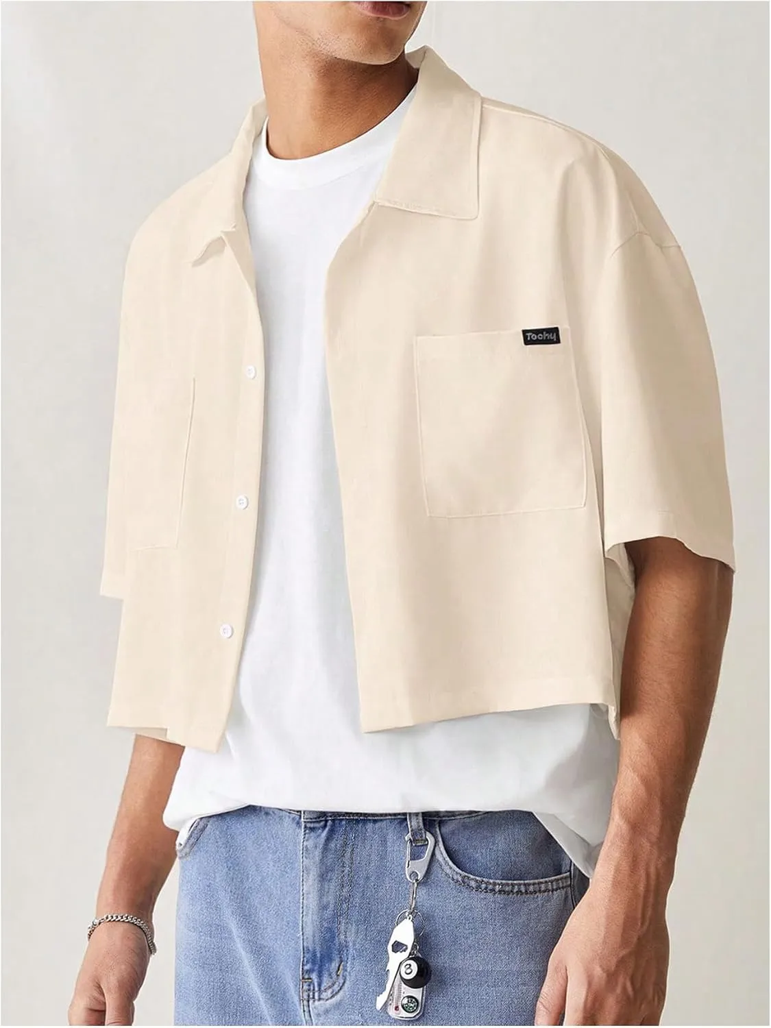 SHENHE Men's Summer Short Sleeve Button Down Crop Shirt Loose Fit Casual Shirt with Pockets