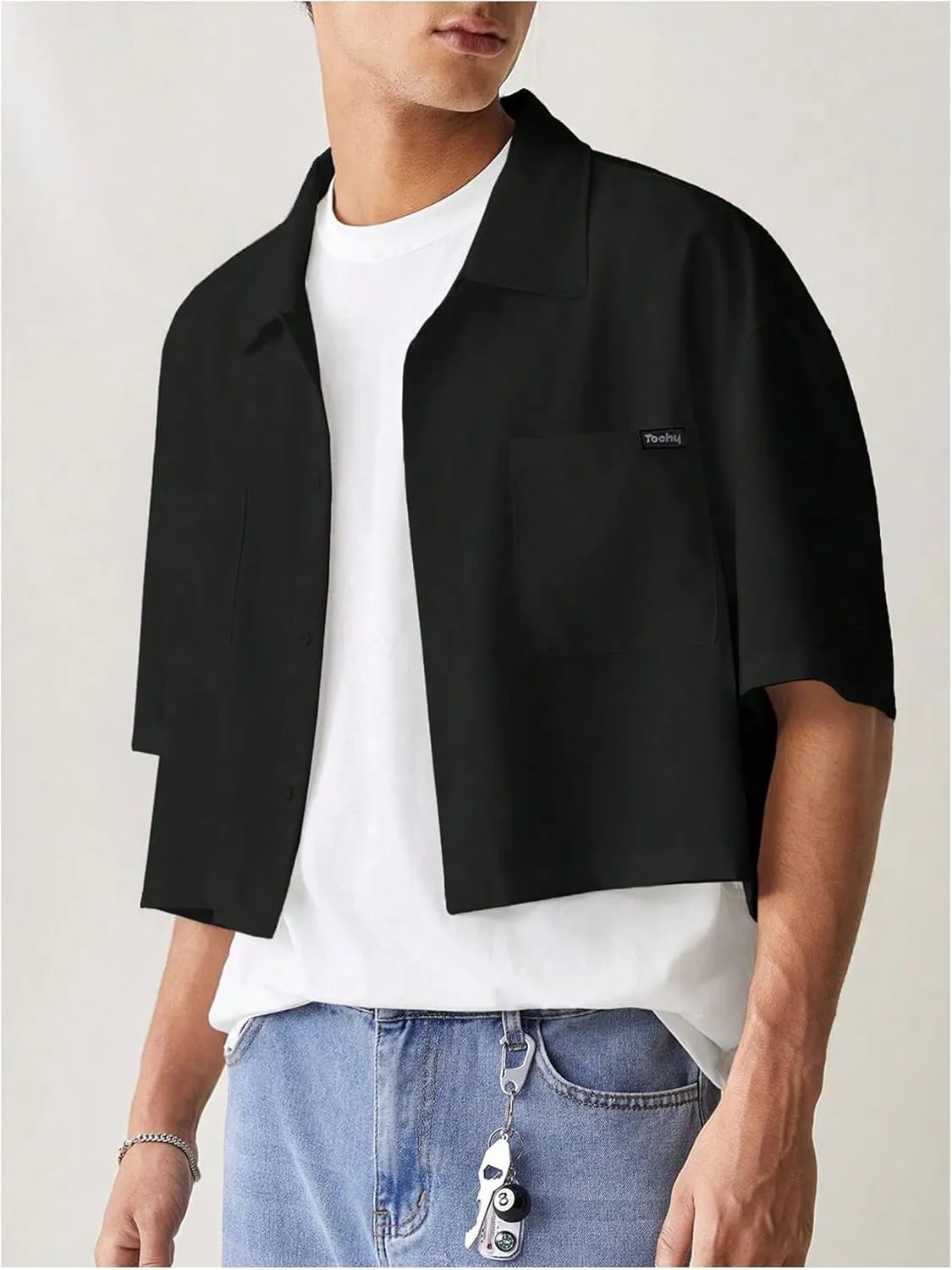 SHENHE Men's Summer Short Sleeve Button Down Crop Shirt Loose Fit Casual Shirt with Pockets