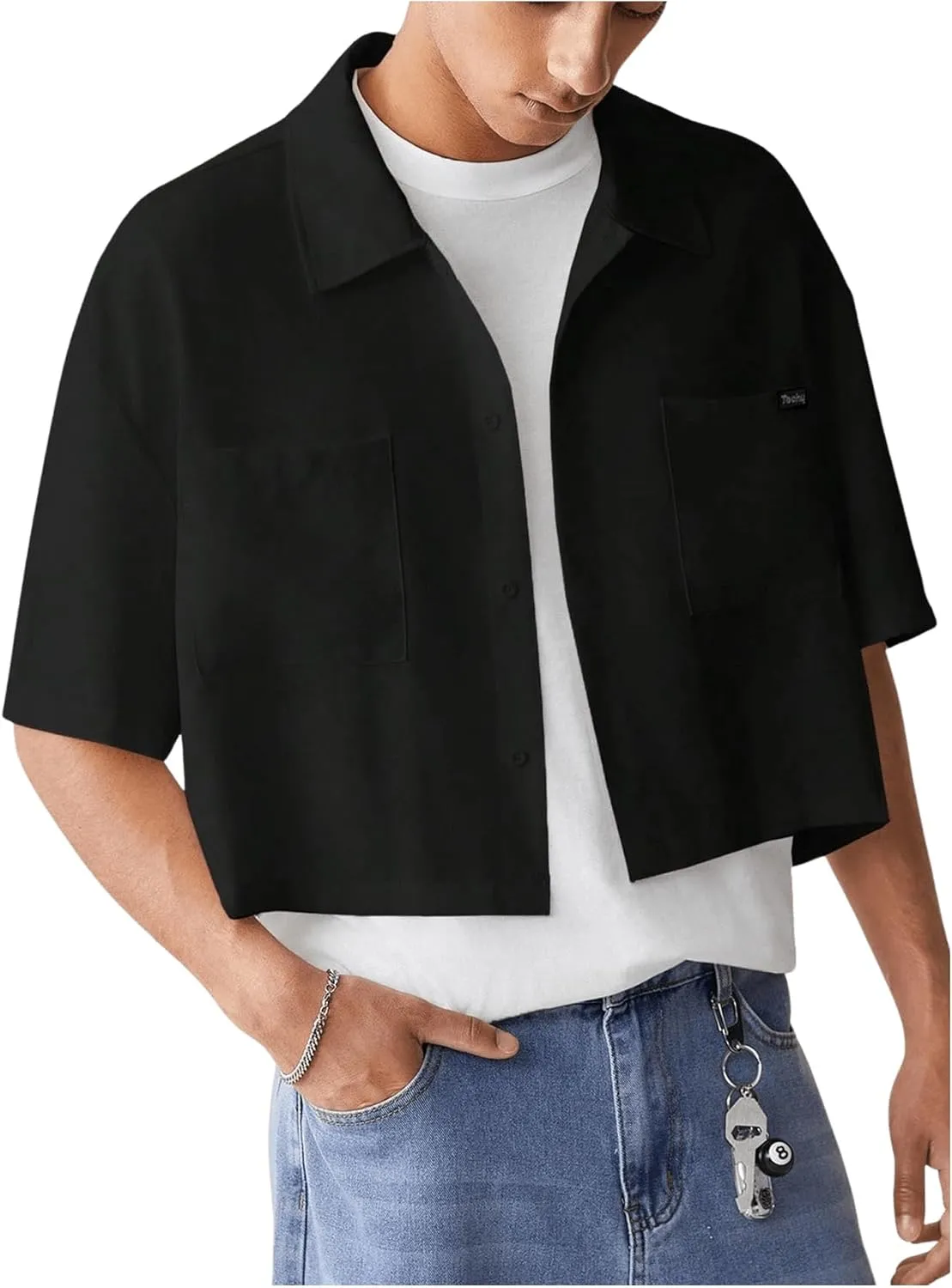 SHENHE Men's Summer Short Sleeve Button Down Crop Shirt Loose Fit Casual Shirt with Pockets