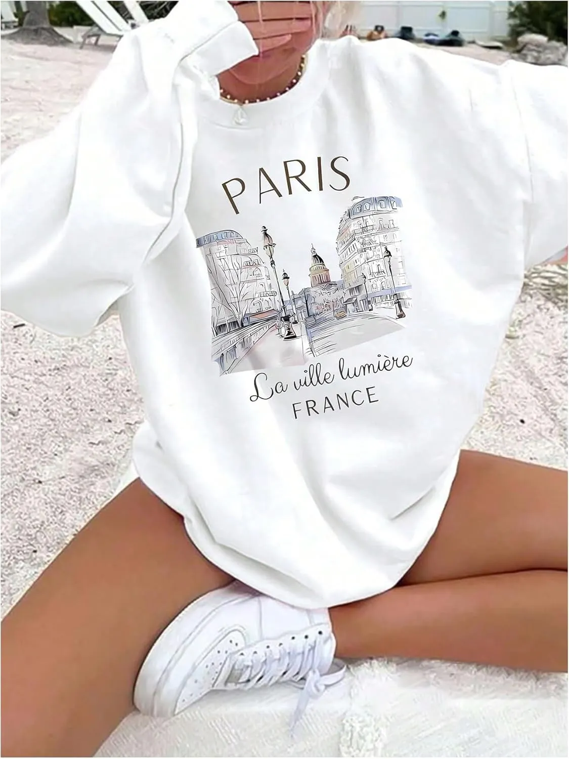 SHENHE Women's Graphic Crewneck Sweatshirt Drop Shoulder City Sweatshirt Top Pullover