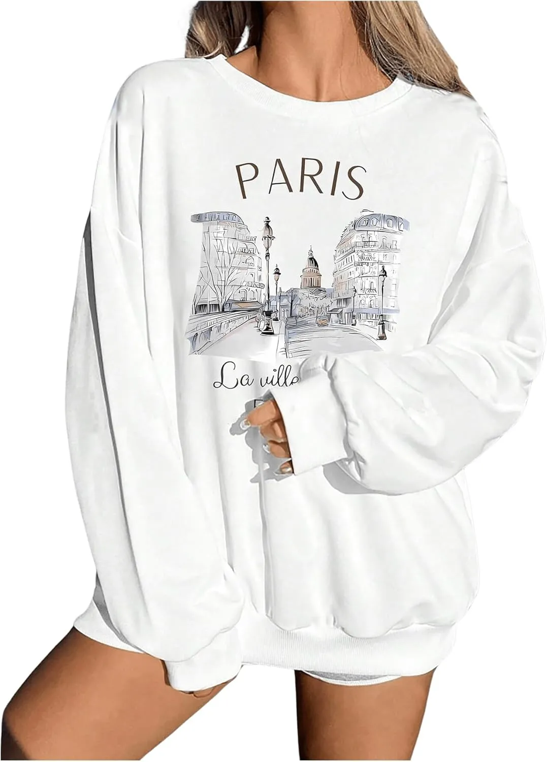 SHENHE Women's Graphic Crewneck Sweatshirt Drop Shoulder City Sweatshirt Top Pullover