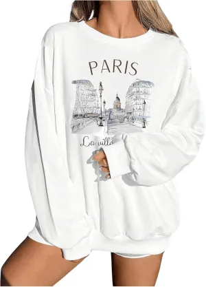 SHENHE Women's Graphic Crewneck Sweatshirt Drop Shoulder City Sweatshirt Top Pullover