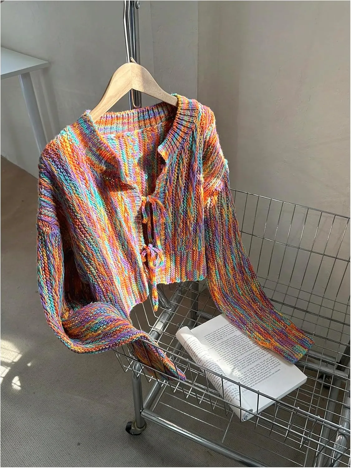 SHENHE Women's Knitted Tie Front Cardigan Colorful Long Sleeve Cardigan Sweater Top
