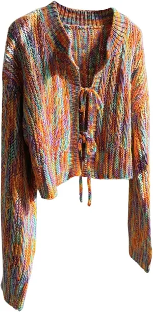 SHENHE Women's Knitted Tie Front Cardigan Colorful Long Sleeve Cardigan Sweater Top