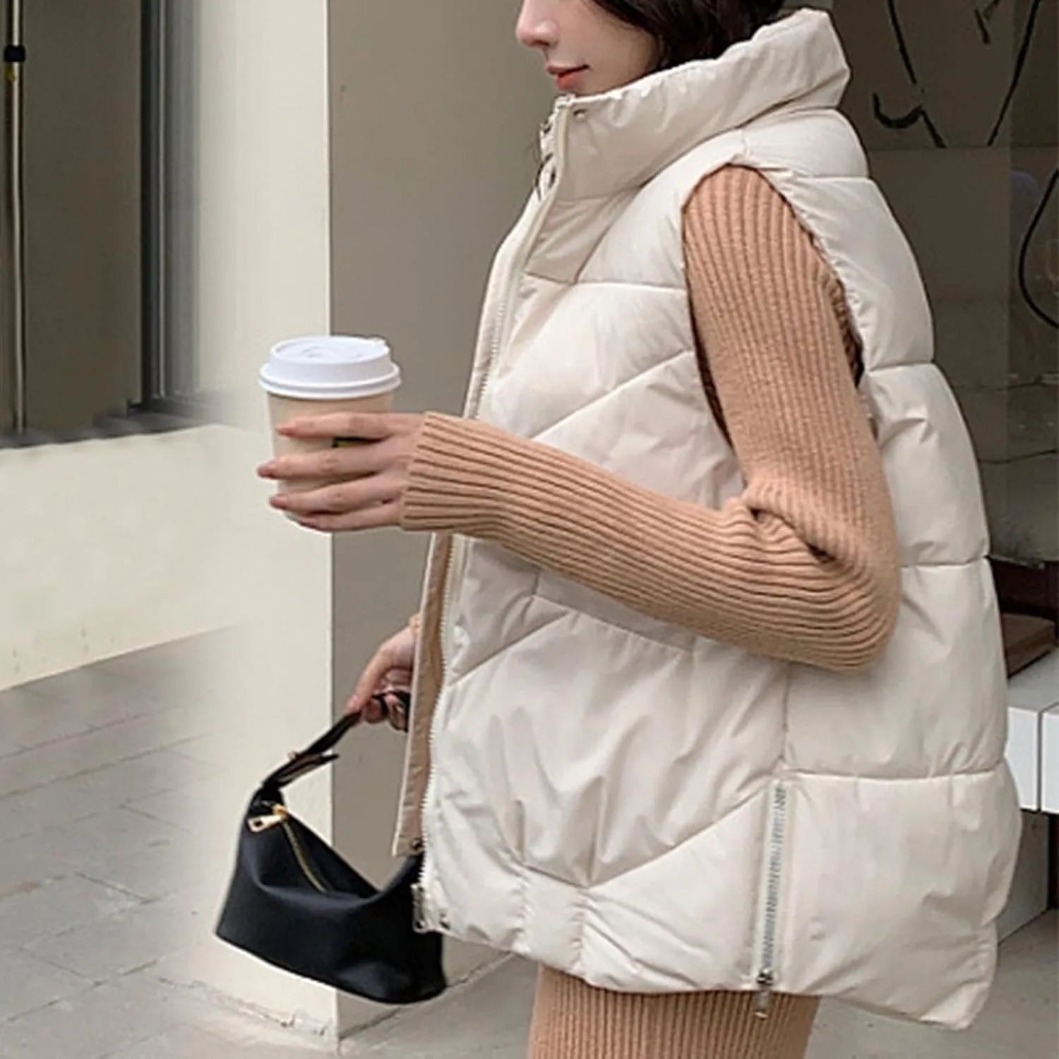 Short Vest Cotton Sleeveless Zip Up Coat Loose Outerwear Winter Lightweight Padded Gilet Bubble Jacket with Pockets