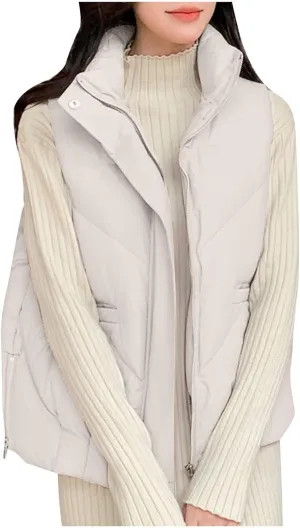 Short Vest Cotton Sleeveless Zip Up Coat Loose Outerwear Winter Lightweight Padded Gilet Bubble Jacket with Pockets