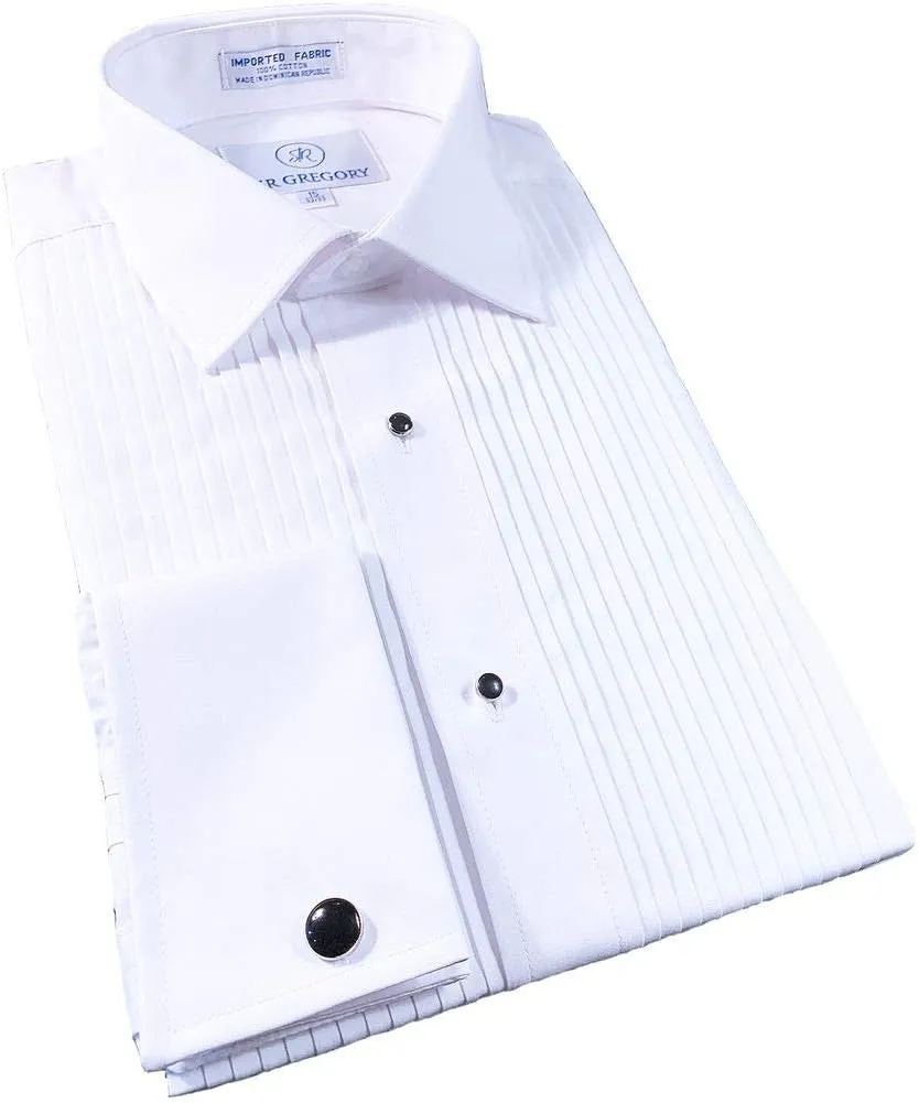 Sir Gregory Men's Regular Fit Tuxedo Shirt 100% Cotton Laydown Collar French Cuff 1/4 Inch Pleat