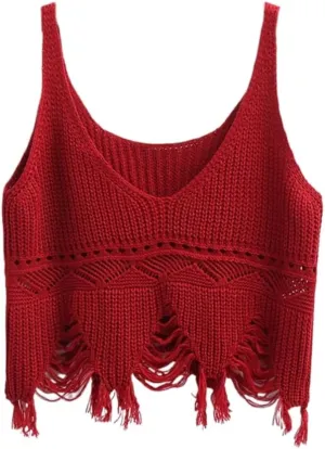 Spring Striped Tassel Camisole Womens Vneck Short Knitted top Vest