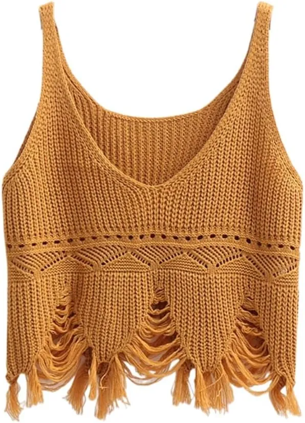 Spring Striped Tassel Camisole Womens Vneck Short Knitted top Vest