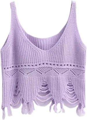 Spring Striped Tassel Camisole Womens Vneck Short Knitted top Vest