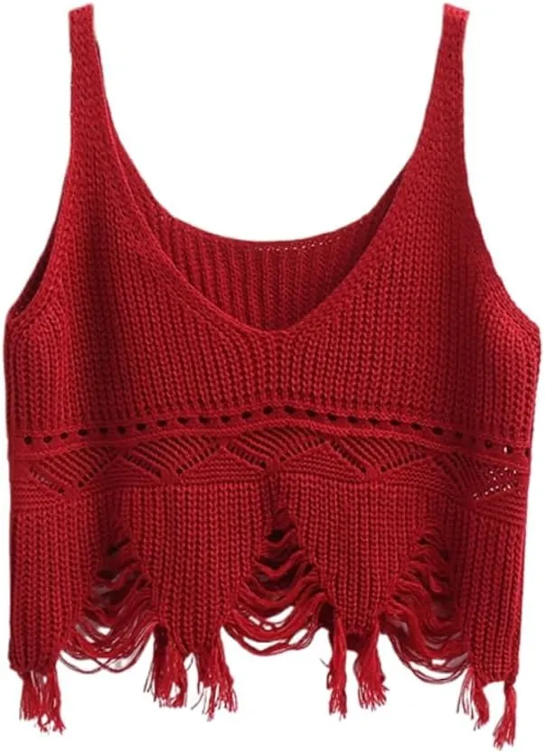 Spring Striped Tassel Camisole Womens Vneck Short Knitted top Vest