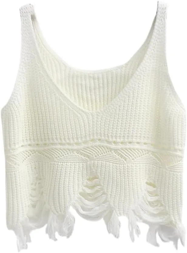 Spring Striped Tassel Camisole Womens Vneck Short Knitted top Vest