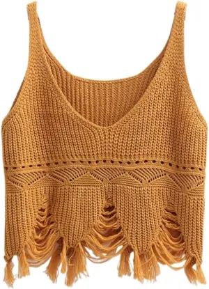Spring Striped Tassel Camisole Womens Vneck Short Knitted top Vest