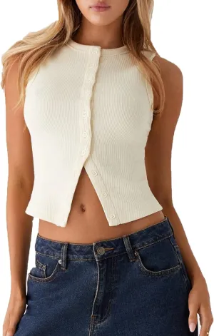 Springcmy Womens Button Down Tank Top Sleeveless Ribbed Fitted Vest Casual Trendy Y2K Going Out Crop Knit Vest Top Streetwear