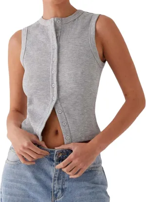 Springcmy Womens Button Down Tank Top Sleeveless Ribbed Fitted Vest Casual Trendy Y2K Going Out Crop Knit Vest Top Streetwear