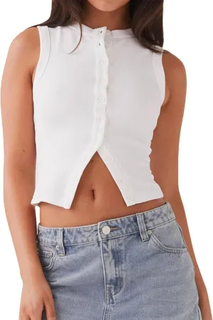 Springcmy Womens Button Down Tank Top Sleeveless Ribbed Fitted Vest Casual Trendy Y2K Going Out Crop Knit Vest Top Streetwear