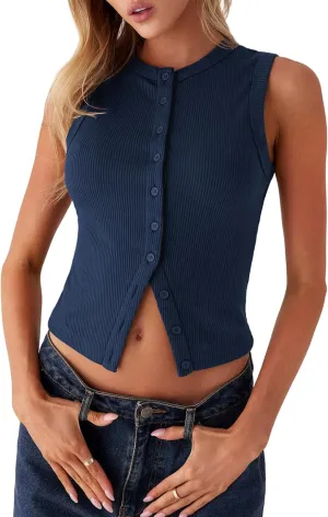 Springcmy Womens Button Down Tank Top Sleeveless Ribbed Fitted Vest Casual Trendy Y2K Going Out Crop Knit Vest Top Streetwear