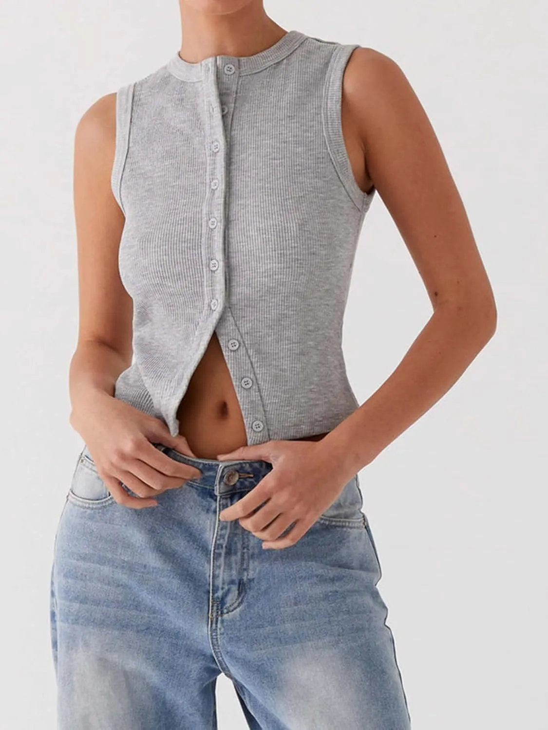 Springcmy Womens Button Down Tank Top Sleeveless Ribbed Fitted Vest Casual Trendy Y2K Going Out Crop Knit Vest Top Streetwear