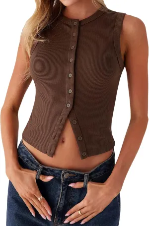 Springcmy Womens Button Down Tank Top Sleeveless Ribbed Fitted Vest Casual Trendy Y2K Going Out Crop Knit Vest Top Streetwear