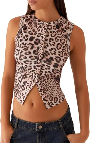 Springcmy Womens Button Down Tank Top Sleeveless Ribbed Fitted Vest Casual Trendy Y2K Going Out Crop Knit Vest Top Streetwear