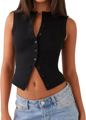 Springcmy Womens Button Down Tank Top Sleeveless Ribbed Fitted Vest Casual Trendy Y2K Going Out Crop Knit Vest Top Streetwear