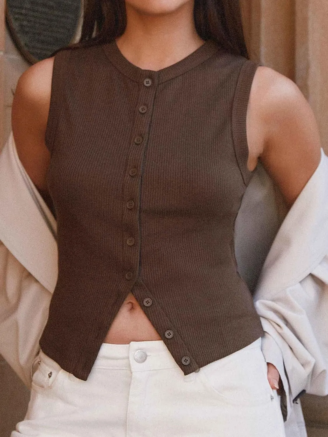 Springcmy Womens Button Down Tank Top Sleeveless Ribbed Fitted Vest Casual Trendy Y2K Going Out Crop Knit Vest Top Streetwear