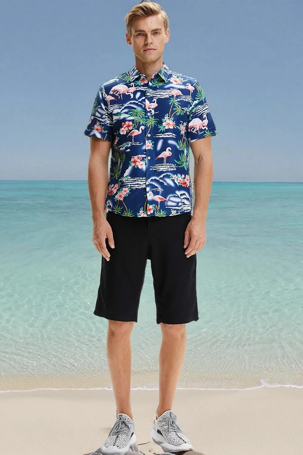 SSLR Pack Hawaiian Shirt for Men Flamingo Short Sleeve Casual Button Down Shirts Summer Beach Shirt