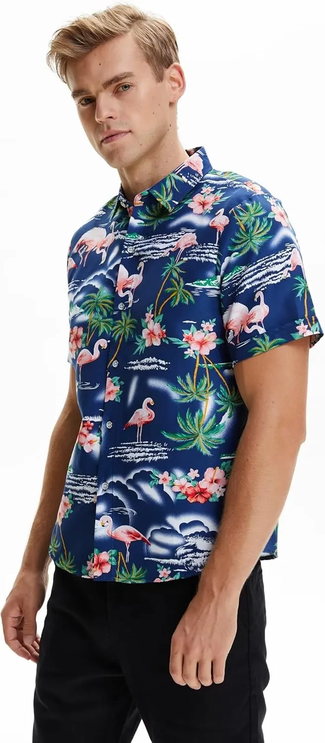 SSLR Pack Hawaiian Shirt for Men Flamingo Short Sleeve Casual Button Down Shirts Summer Beach Shirt