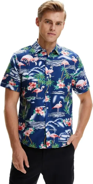SSLR Pack Hawaiian Shirt for Men Flamingo Short Sleeve Casual Button Down Shirts Summer Beach Shirt