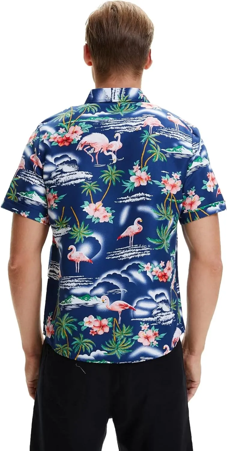 SSLR Pack Hawaiian Shirt for Men Flamingo Short Sleeve Casual Button Down Shirts Summer Beach Shirt
