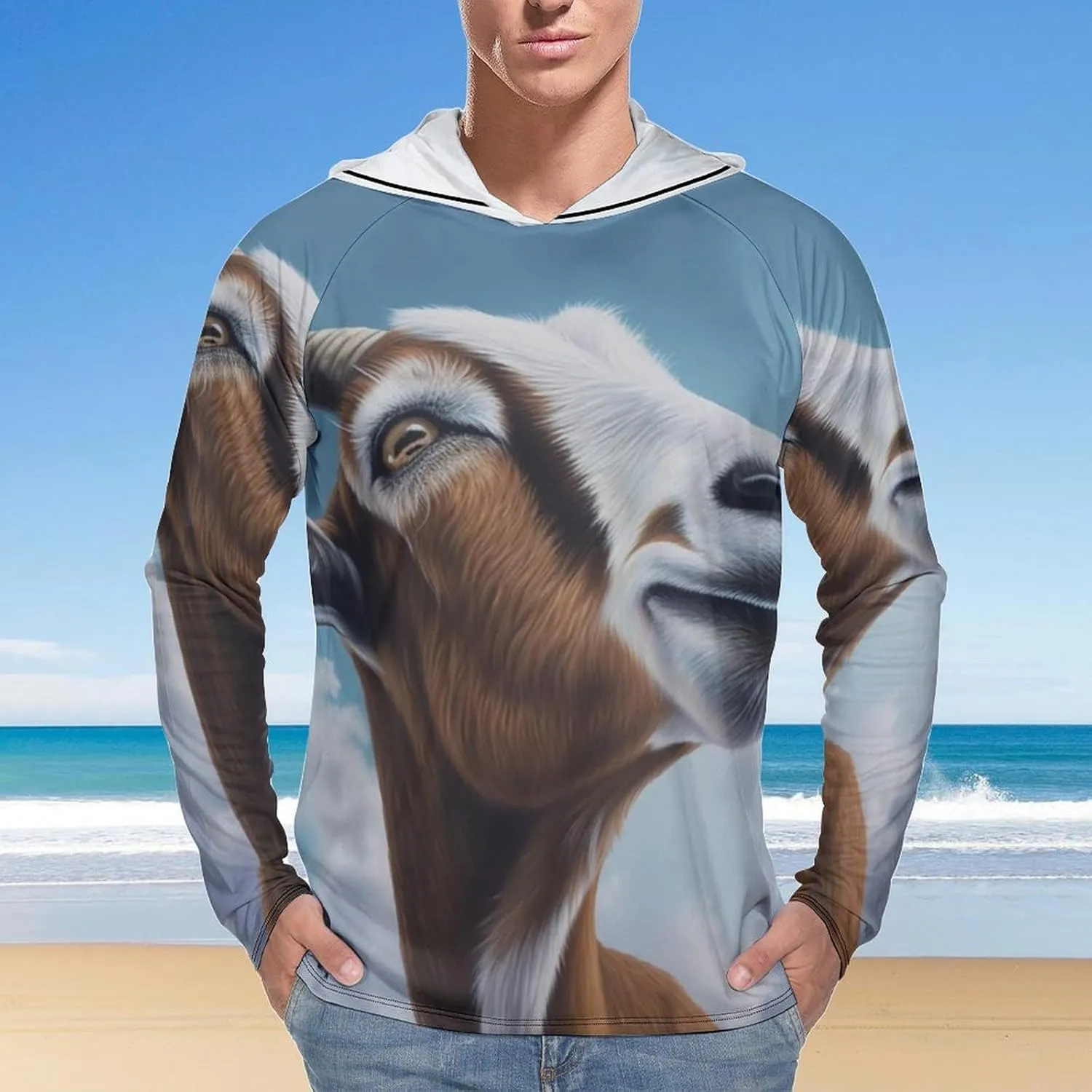 Sun Protection Shirt Long Sleeve Hoodie Blue Goat Print Lightweight Rash Guard Quick Dry Sun Shirt for Outdoor