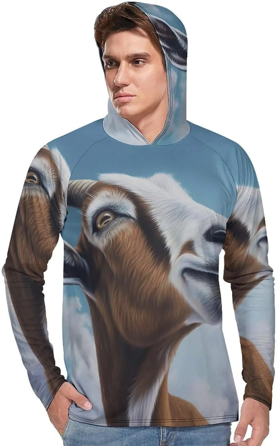 Sun Protection Shirt Long Sleeve Hoodie Blue Goat Print Lightweight Rash Guard Quick Dry Sun Shirt for Outdoor