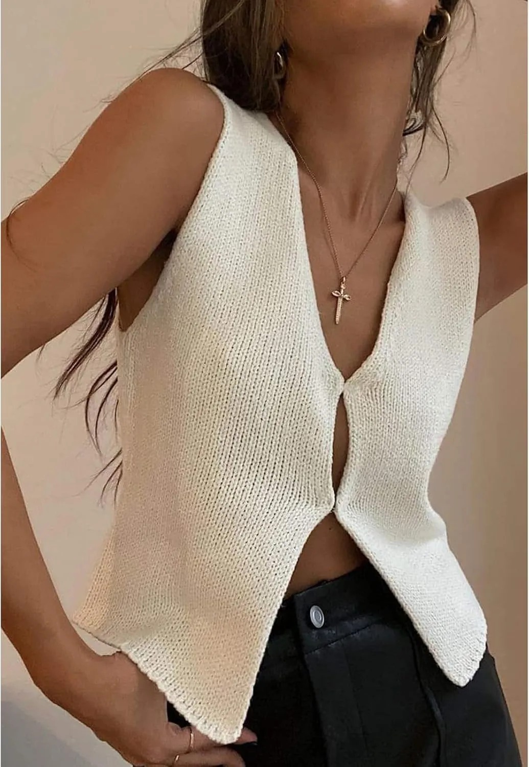 Sweater Tank Tops for Women Y2K Sleeveless Basic V Neck Crochet Knit Vest Sexy Button Down Crop Tank Top Streetwear