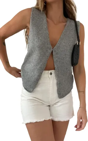 Sweater Tank Tops for Women Y2K Sleeveless Basic V Neck Crochet Knit Vest Sexy Button Down Crop Tank Top Streetwear