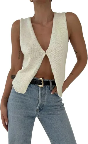 Sweater Tank Tops for Women Y2K Sleeveless Basic V Neck Crochet Knit Vest Sexy Button Down Crop Tank Top Streetwear